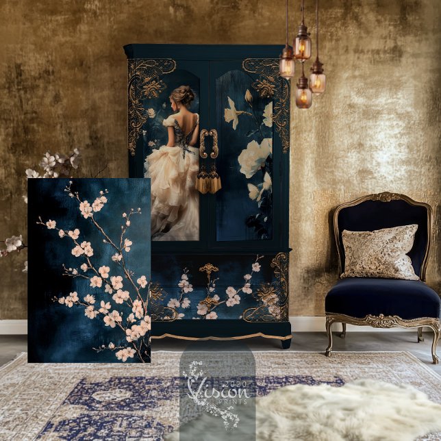 Papel De Seda Flores de flores blancas ramifica fondo naval (Navy Blue, White tattered Floral Blossoms and branches, decoupage tissue paper.)