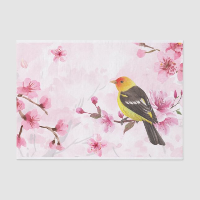 Papel De Seda Flores de flores y pájaro de cerezo rosa acuarela (Anverso)