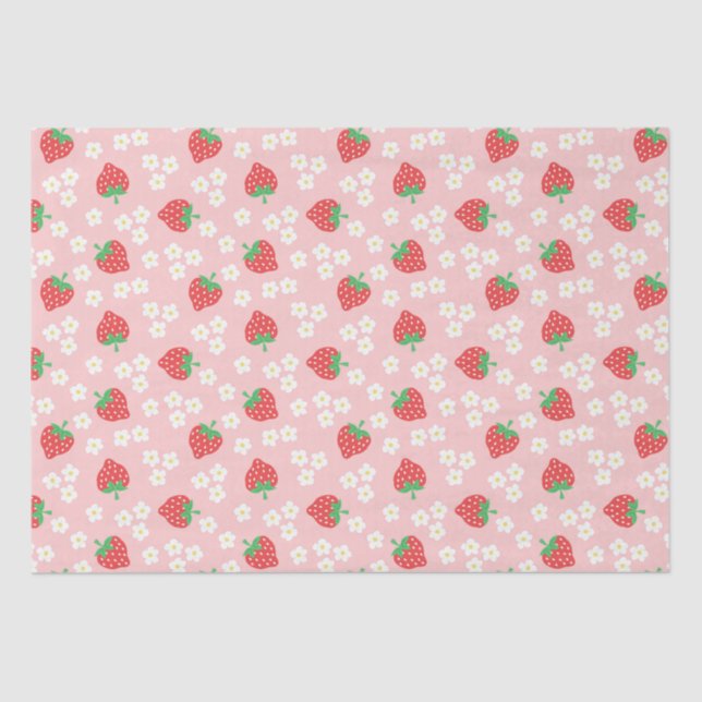 Papel De Seda Flores de fresa Patrón rosa (Anverso)