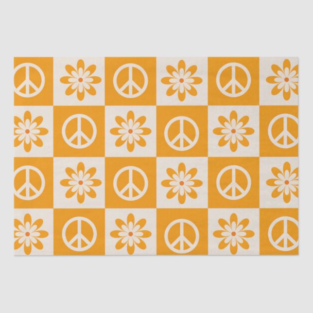 Papel De Seda Flores de Groovy Naranja y señales de paz verifica (Anverso)