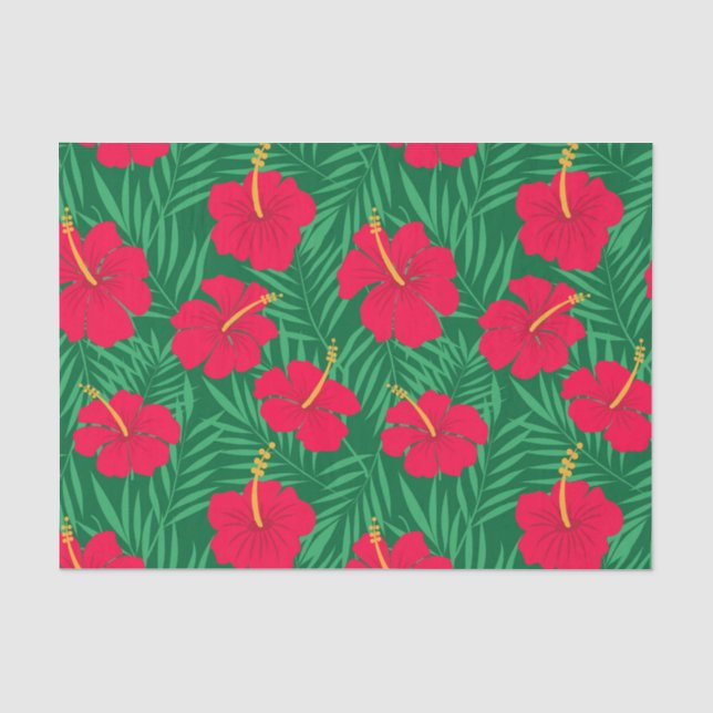 Papel De Seda Flores de Hibisco Rojas sobre Hojas Tropicales Ver (Anverso)