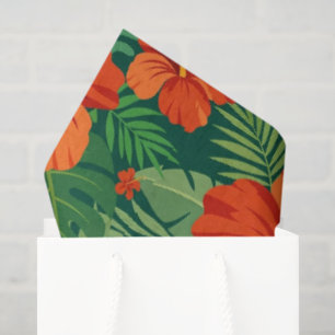 Papel De Seda Flores de Hibisco Rojo Naranja Verde Follaje de Ju