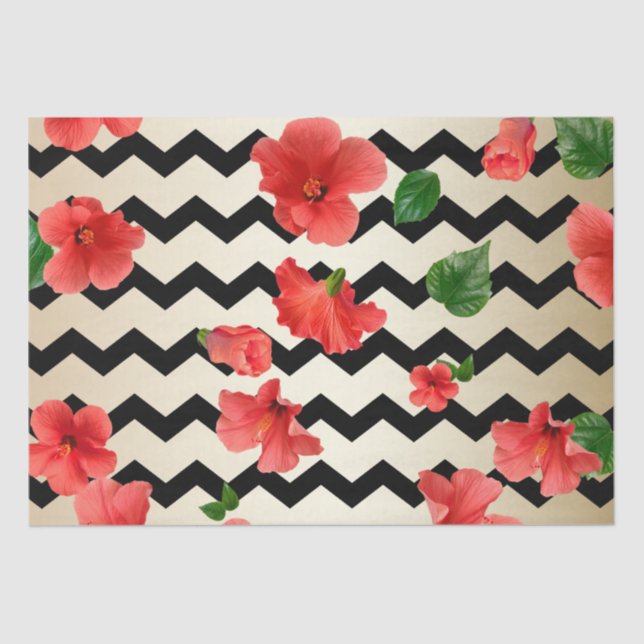 Papel De Seda Flores De Hibiscus Rojas En Chevron Negro Y Beige (Anverso)