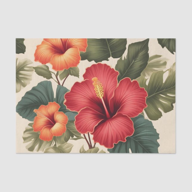 Papel De Seda Flores de Hibiscus Tropical Retro (Anverso)
