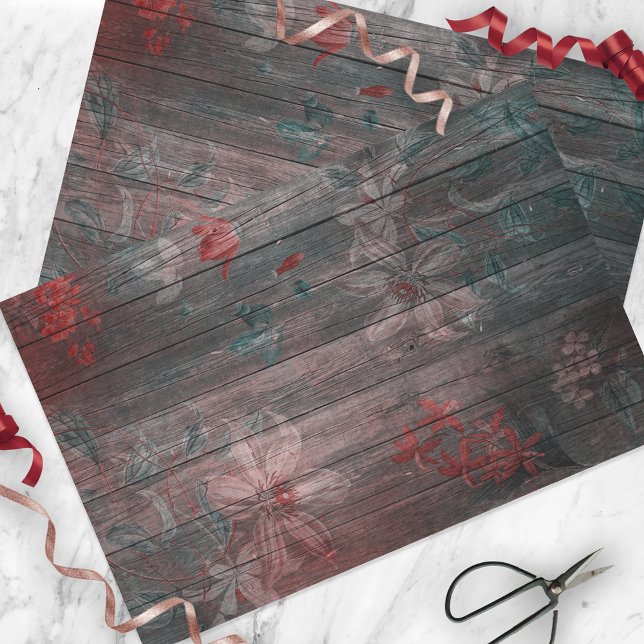 Papel De Seda Flores De Jardín Blanco Rojo En Madera Rústica (Subido por el creador)