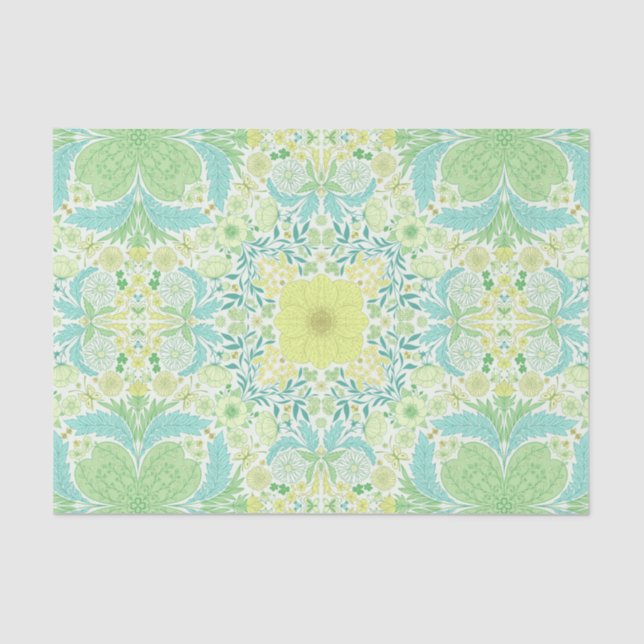 Papel De Seda Flores de jardín retro en verde y amarillo (Anverso)