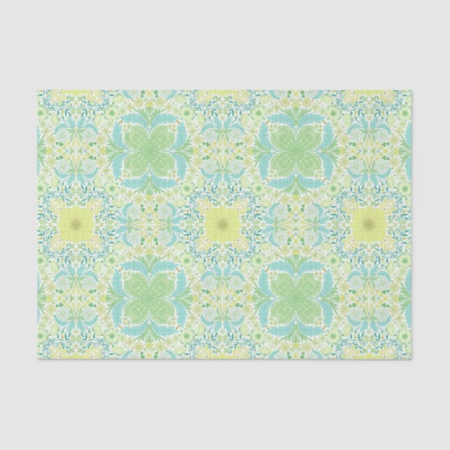 Papel De Seda Flores de jardín retro en verde y amarillo (Anverso)