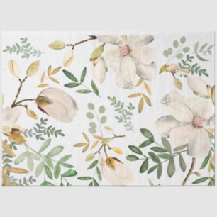 Papel De Seda Flores de magnolia blanca hojas verdes de oro
