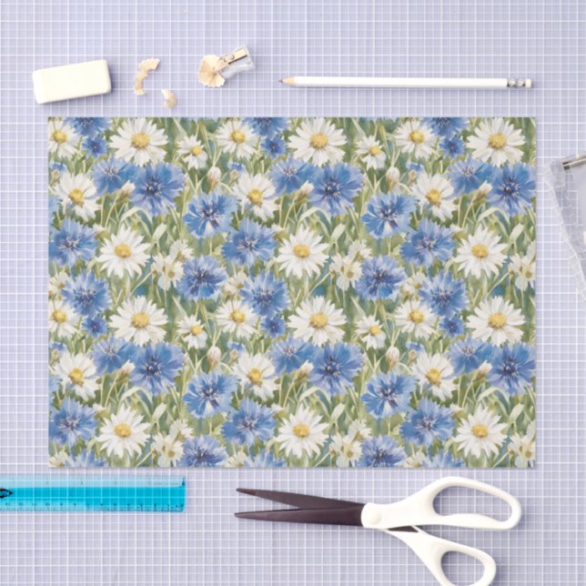 Papel De Seda Flores de margarita blancas y azules Cumpleaños (Artesanía)