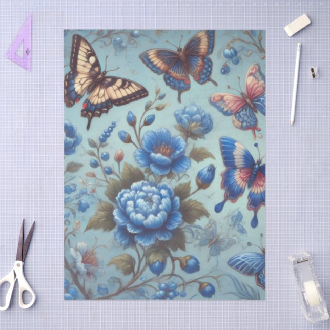 Papel De Seda Flores de mariposa Mariposas Decoupage azul (Artesanía)
