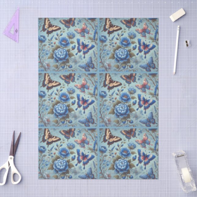 Papel De Seda Flores de mariposa Mariposas Decoupage azul (Artesanía)