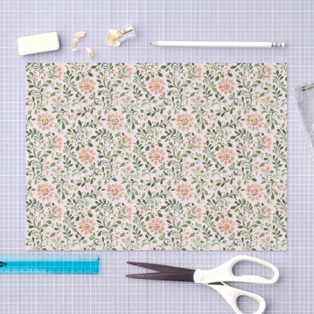 Papel De Seda Flores de melocotón rosado Hojas verdes Despedida  (Artesanía)