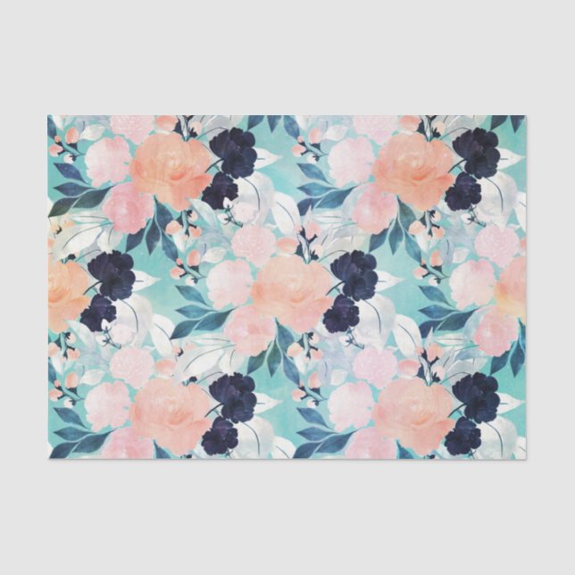 Papel De Seda Flores de menta rosa azul elegantes acuarela flora (Anverso)