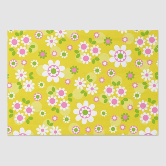 Papel De Seda Flores de mod retro amarillas y blancas (Anverso)