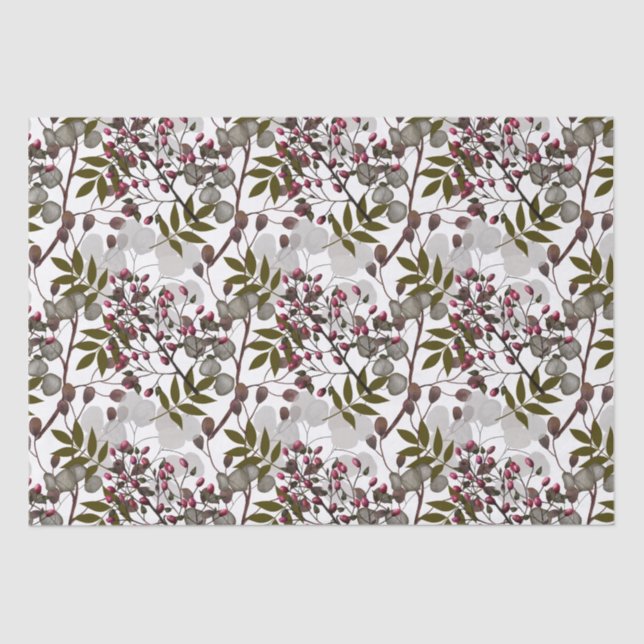 Papel De Seda Flores de moneda blanca Flores rojas Berries Hojas (Anverso)