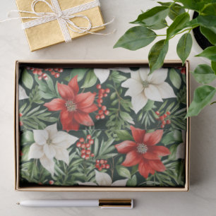Papel De Seda Flores de Nochebuena y bayas al acuarela en Navida