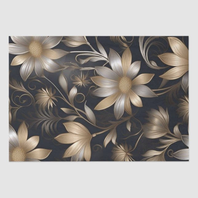 Papel De Seda Flores de oro y plata Decoupage /  (Anverso)
