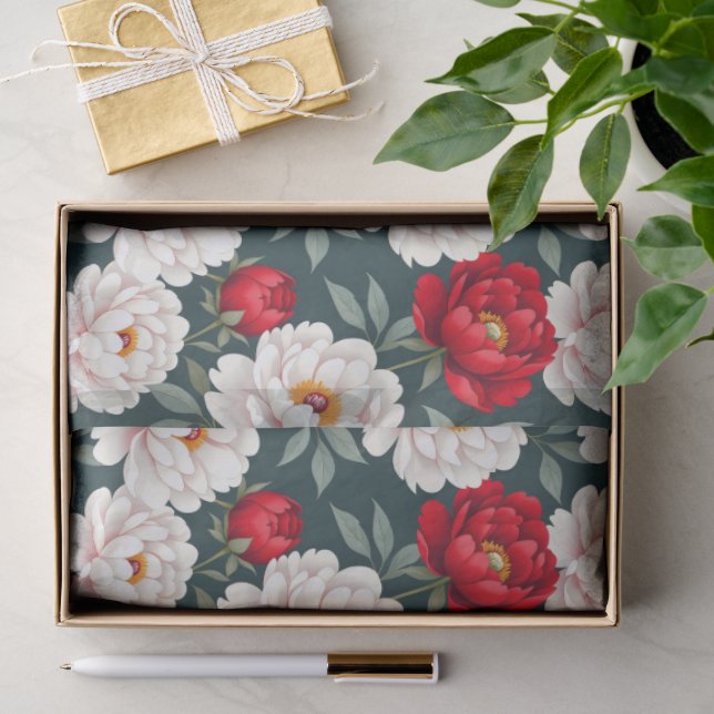 Papel De Seda Flores de peonía rojas y blancas (Regalo )
