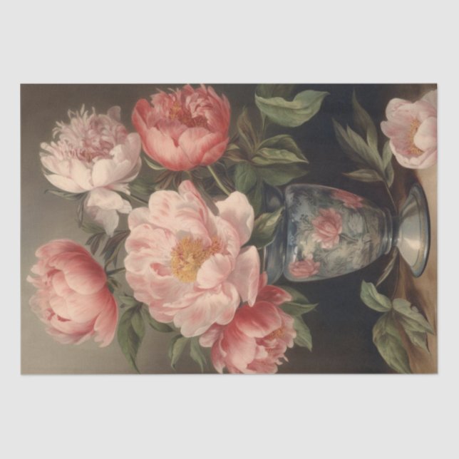 Papel De Seda Flores de Peonía Rosa Vase Decoupage Bouquet Vinta (Anverso)