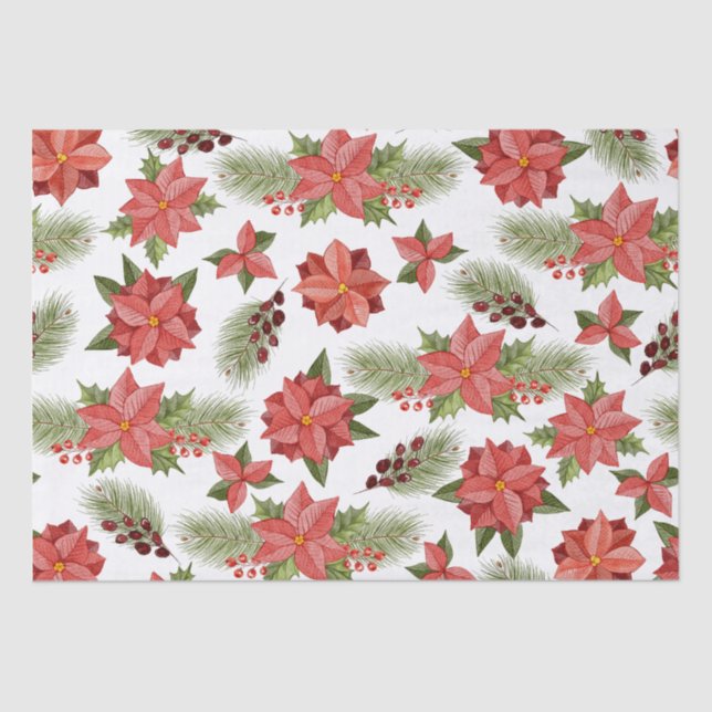 Papel De Seda Flores De Poinsettia Roja Y Holly Berries (Anverso)