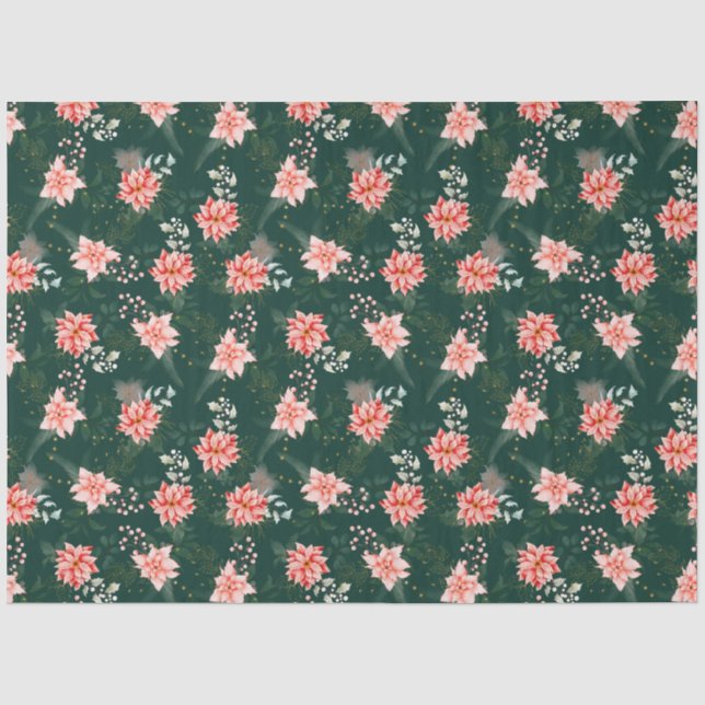 Papel De Seda Flores de Poinsettia Rojas sobre Verde Oscuro (Anverso)