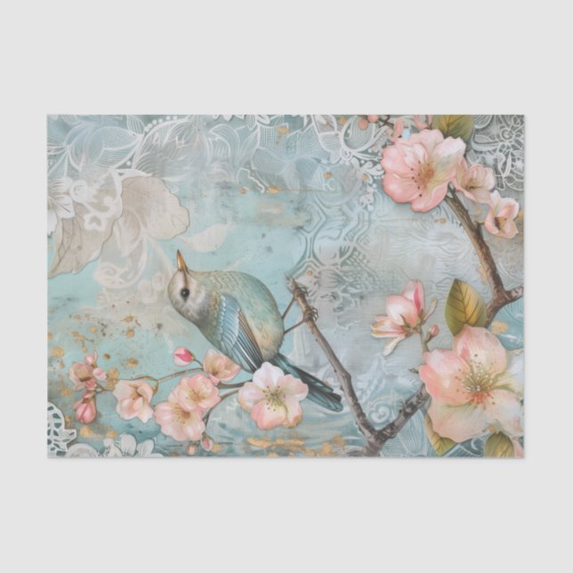 Papel De Seda Flores de primavera con pájaro azul (Anverso)