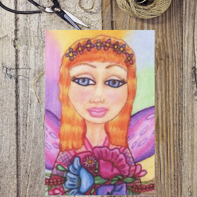 Papel De Seda Flores de primavera de hadas de heno rojo (Red haired fairy holding colourful flowers purple wings on tissue wrapping paper.)