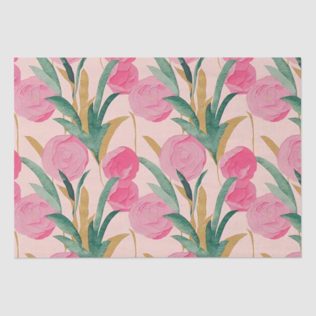 Papel De Seda Flores de primavera rosada vibrante pintadas de co (Anverso)