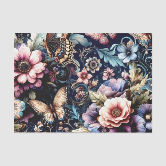 Papel De Seda Flores de primavera y mariposas antiguas (Anverso)