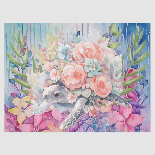 Papel De Seda Flores de tortuga y pasto de mar floral (Anverso)