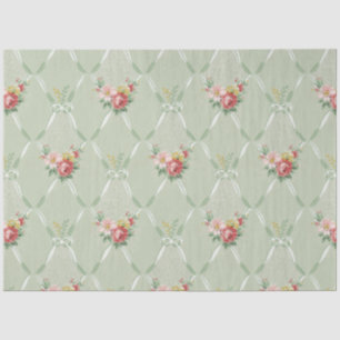 Papel De Seda Flores de vinagre rosadas en barrita verde Trellis