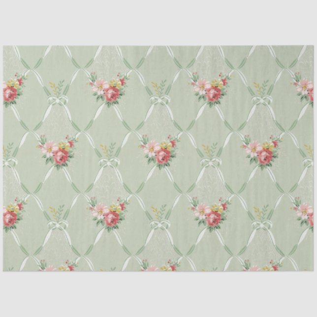 Papel De Seda Flores de vinagre rosadas en barrita verde Trellis (Anverso)