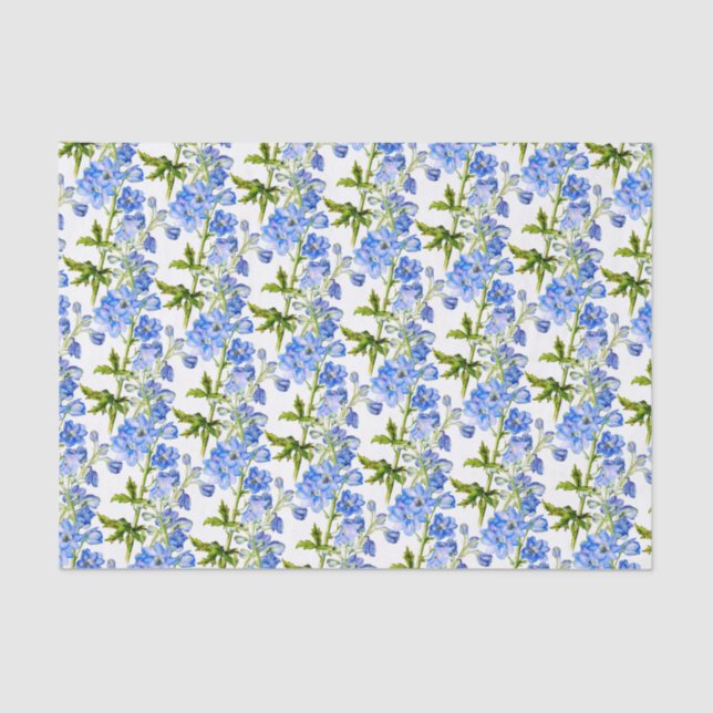 Papel De Seda Flores delfiníneas azules en blanco (Anverso)