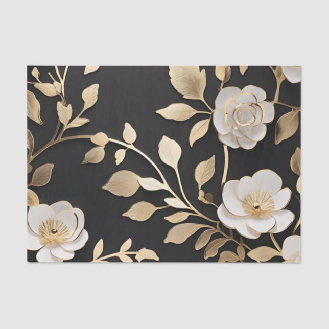 Papel De Seda Flores elegantes de blanco y oro (Anverso)