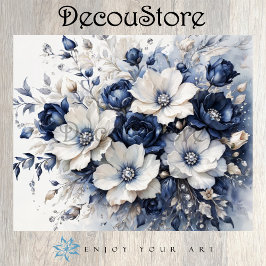 Papel De Seda Flores Elegantes en Decoupage Azul y Blanco