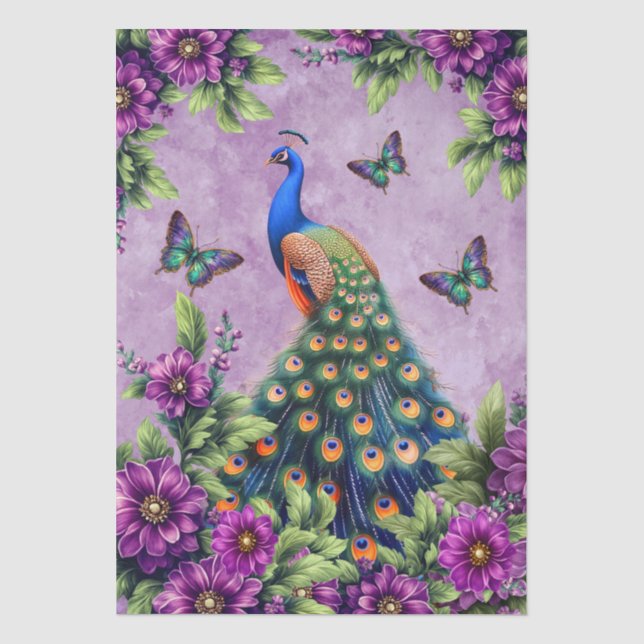 Papel De Seda Flores Elegantes Pavón y Mariposas Decoupage (Anverso)