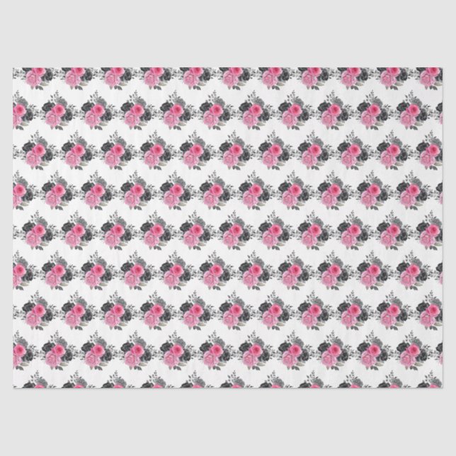 Papel De Seda Flores Elegantes Rosa Caliente y Plata (Anverso)