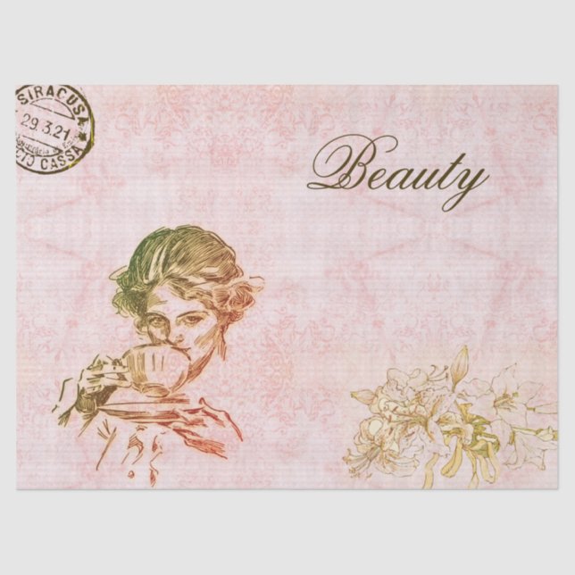 Papel De Seda Flores elegantes rosadas antiguas Chica Café (Anverso)