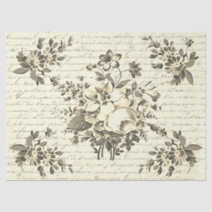 Papel De Seda Flores Elegantes Vintage sobre Escritura Francesa 