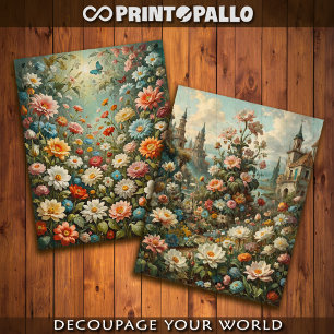 Papel De Seda Flores en abundancia con un castillo 
