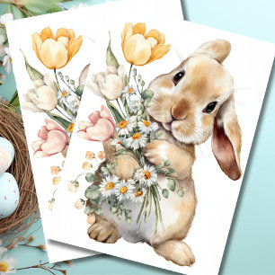 Papel De Seda Flores en acuarela coloridas y conejo de Pascua