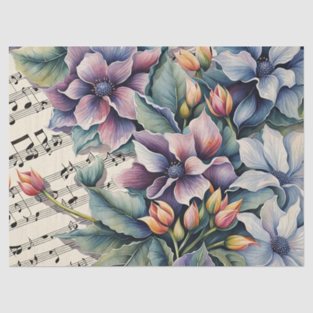 Papel De Seda Flores en Decoupage de Partituras (Anverso)