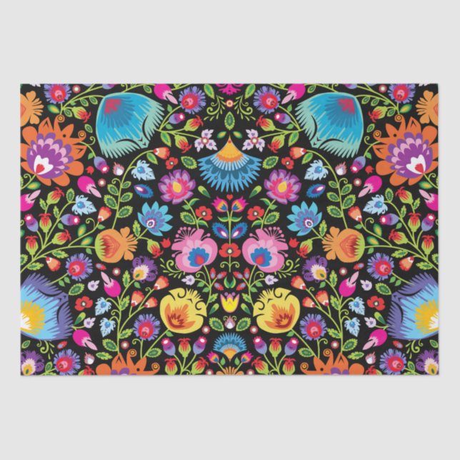 Papel De Seda Flores folclóricas Wycinanki negro  (Anverso)