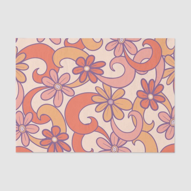 Papel De Seda Flores Groovy Naranja Rosa Girly Retro (Anverso)
