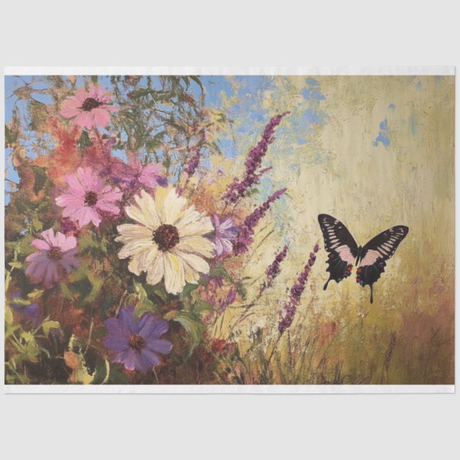 Papel De Seda Flores Impresionistas y Mariposa Decoupage (Anverso)