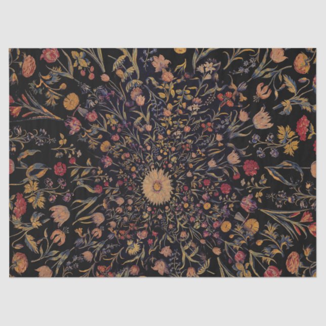 Papel De Seda Flores medievales sobre negro (Anverso)
