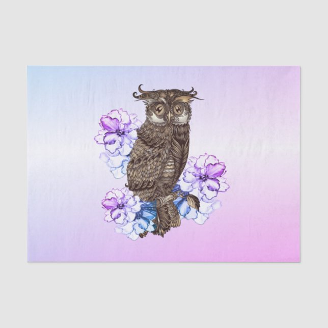 Papel De Seda Flores moradas de búho marrón (Anverso)