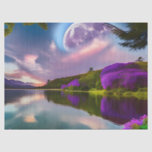 Papel De Seda Flores moradas Reflexión de la luna y el lago