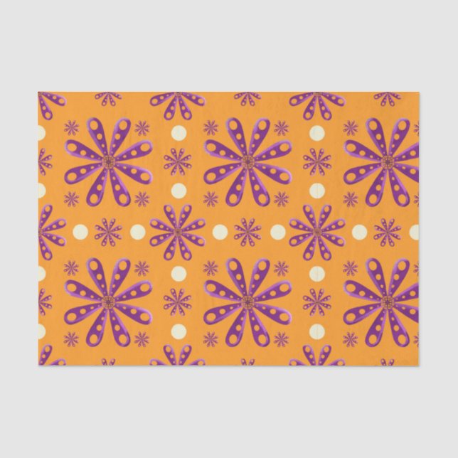 Papel De Seda Flores Moradas Retro sobre Fondo Naranja (Anverso)