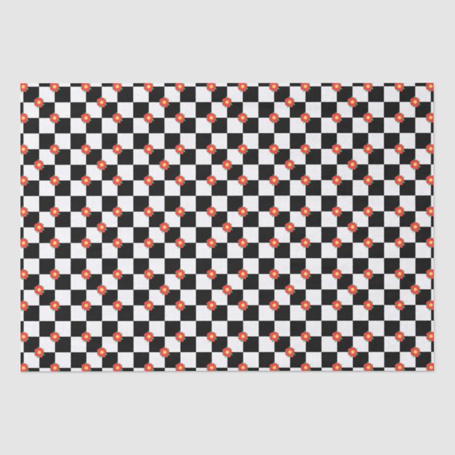 Papel De Seda Flores negras a cuadros rojas (Anverso)